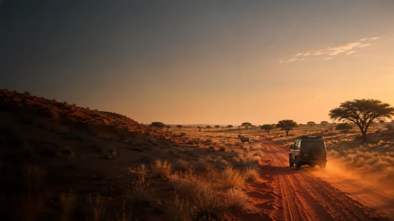 4x4 driving a deep red Kalahari sand track through the Kgalagadi at golden hour, a gemsbok silhouetted among camelthorn trees in the distance