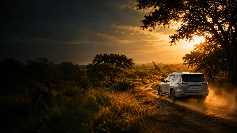Rugged 4x4 driving a sandy bush track through lush South African Lowveld bushveld at golden hour, a giraffe silhouetted among the trees in the distance