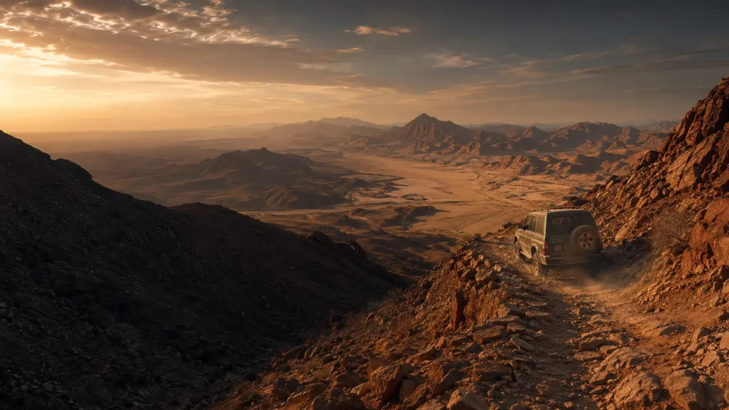 Rugged 4x4 dwarfed mid-descent on the steep rocky Van Zyl's Pass in remote Kaokoland, Namibia, a vast desert valley stretching to distant mountains at golden hour