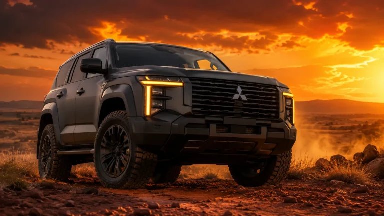 A bold, aggressive next-generation Mitsubishi Pajero (Gen 5) on rocky terrain at a fiery sunset, front three-quarter view