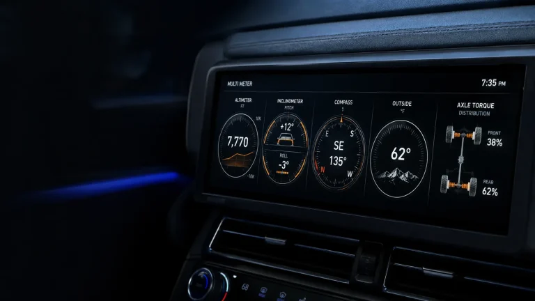 The new 2026 Mitsubishi Pajero's digital Multi Meter display — round digital dials showing altitude, incline, compass, outside temperature and front-to-rear axle torque distribution