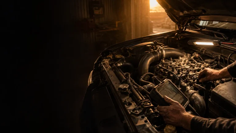 Mechanic inspecting the turbo-diesel engine bay of a Mitsubishi Pajero 3.2 Di-D in a workshop at dusk, work-light and diagnostic tool in frame