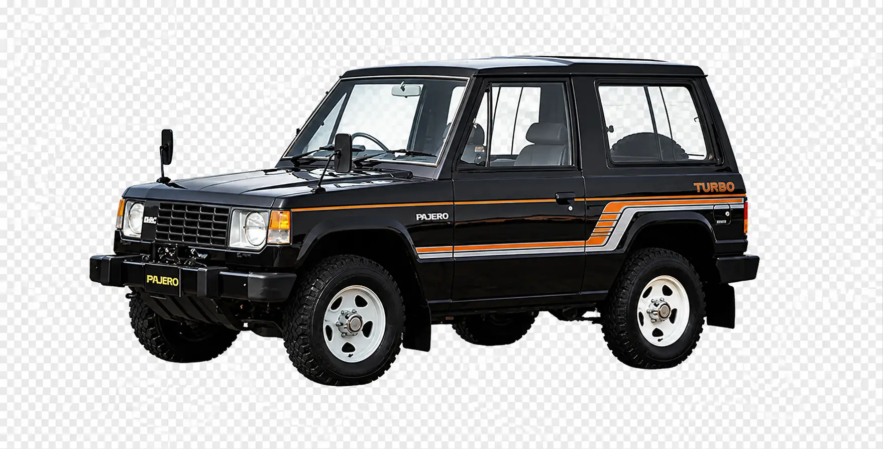 First-generation Mitsubishi Pajero, a black short-wheelbase three-door with 1980s Turbo side graphics, studio side profile