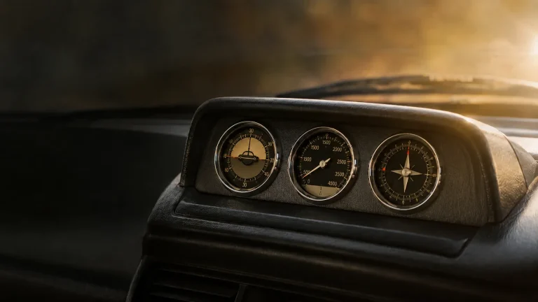 Close-up of a classic Mitsubishi Pajero's analogue Multi Meter gauge pod — inclinometer, altimeter and compass dials on the dash top at golden hour