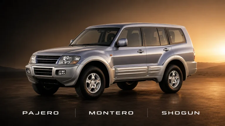 Classic Mitsubishi Pajero shown with its three market names — Pajero, Montero and Shogun — in a studio at golden hour