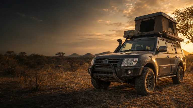 A Mitsubishi Pajero fitted with overland accessories such as a snorkel, roof rack and bull bar in the South African bush