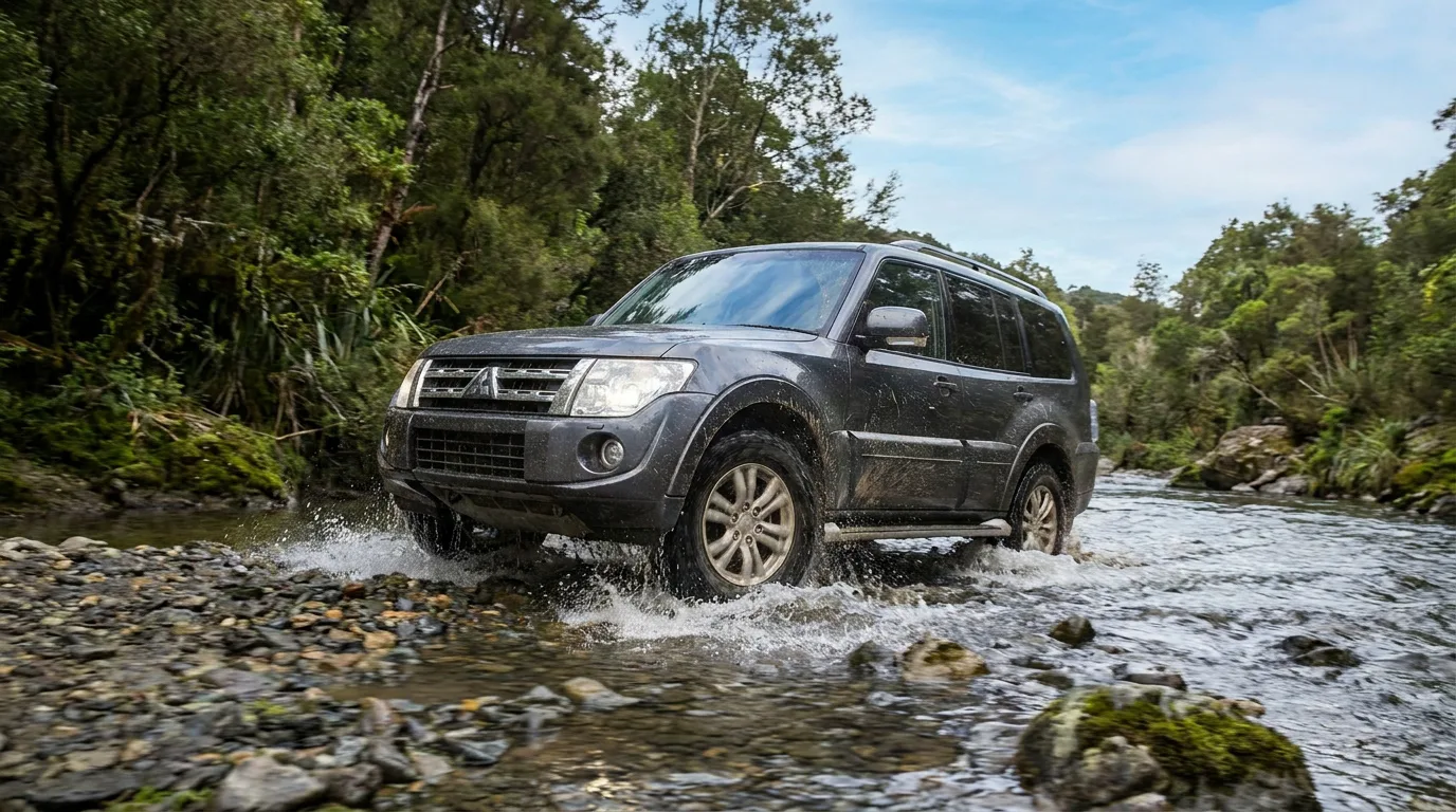 Gen 4 Mitsubishi Pajero crossing a rocky river, demonstrating its off-road 4x4 capability.
