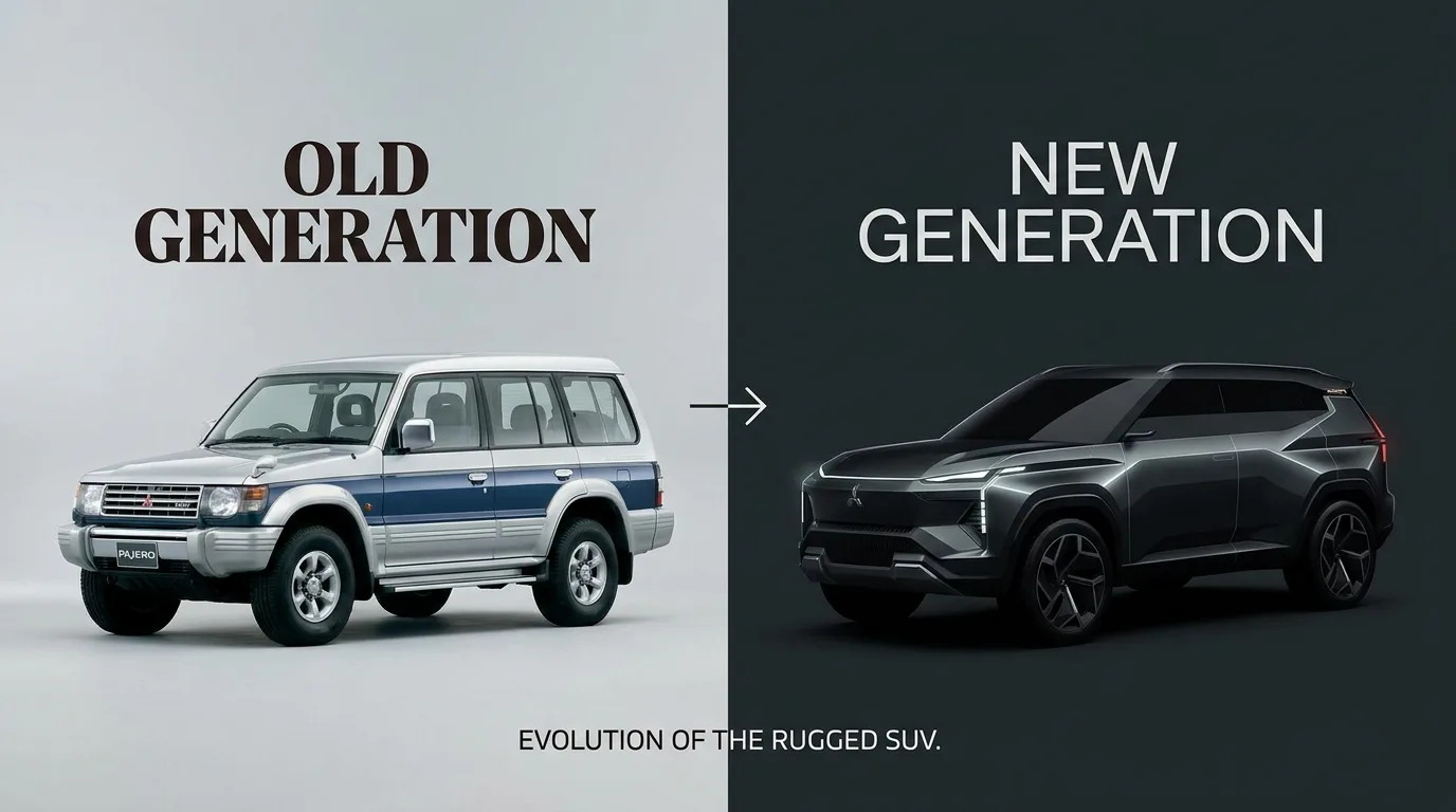 Gen 4 Mitsubishi Pajero alongside a modern SUV silhouette, illustrating the choice to keep or upgrade to the 2026 model.