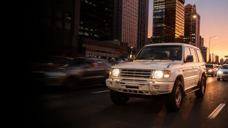 A white Mitsubishi Pajero driving through a city street at dusk with traffic and skyscrapers