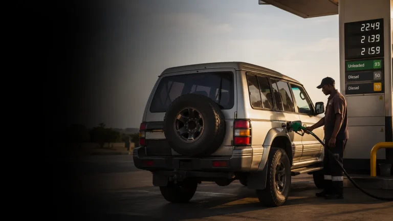 A silver Mitsubishi Pajero being refuelled at a South African filling station at dusk