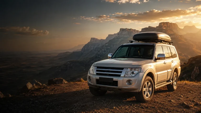 A silver Mitsubishi Pajero with a roof box parked at a mountain viewpoint at golden hour