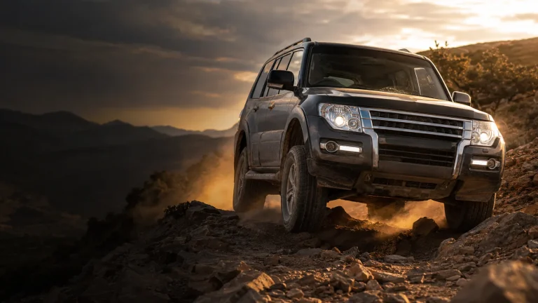 A dark Mitsubishi Pajero climbing a rocky mountain trail at sunset, kicking up dust