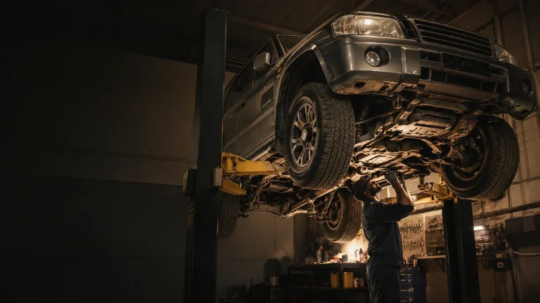 A Mitsubishi Pajero raised on a workshop hoist while a mechanic inspects the underbody