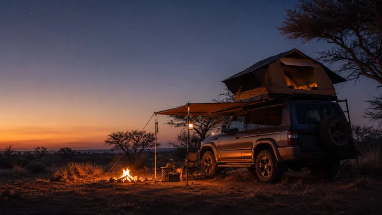 A Mitsubishi Pajero set up for off-road camping in the bush at dusk with a rooftop tent, awning and campfire under a starry sky