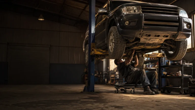 An independent mechanic servicing a Mitsubishi Pajero on a two-post workshop hoist