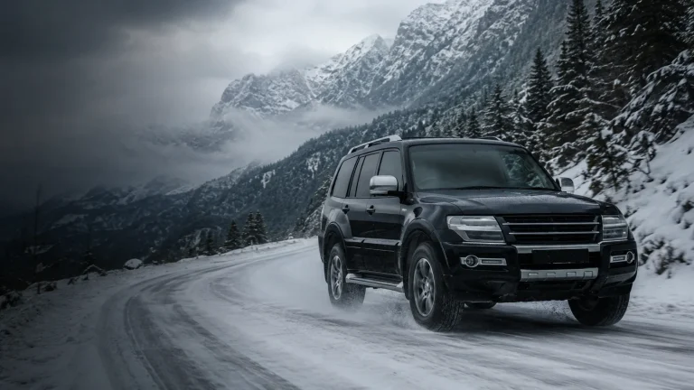 A black Mitsubishi Pajero driving on a snowy mountain road with snow-covered peaks and pine forest
