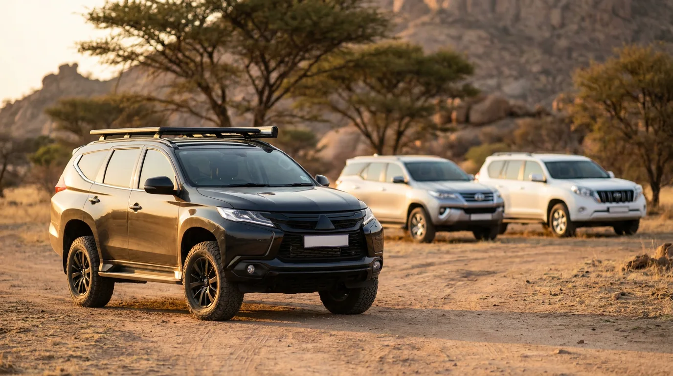 The new-generation Pajero in the foreground with the Fortuner and Prado behind, as the returning challenger.