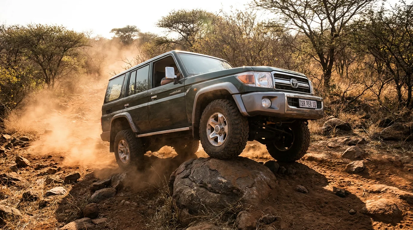 Seven-seat 4x4 climbing a steep rocky trail, illustrating serious off-road capability.