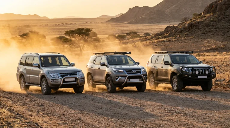 New Mitsubishi Pajero, Toyota Fortuner and Land Cruiser Prado lined up together on a South African gravel road.