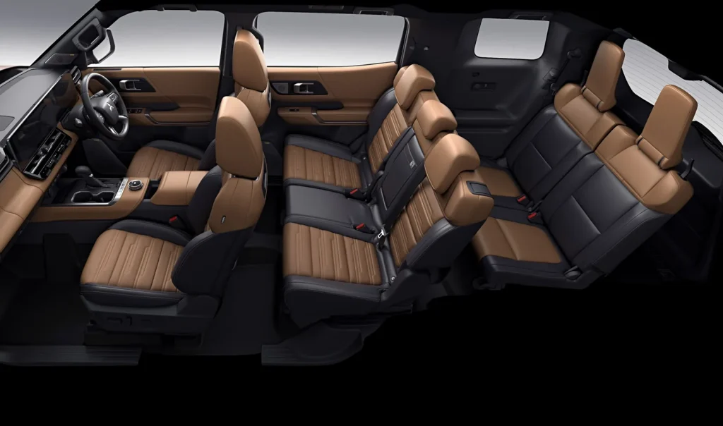 Cutaway view of the new Mitsubishi Pajero interior showing all three rows of seats trimmed in tan leather