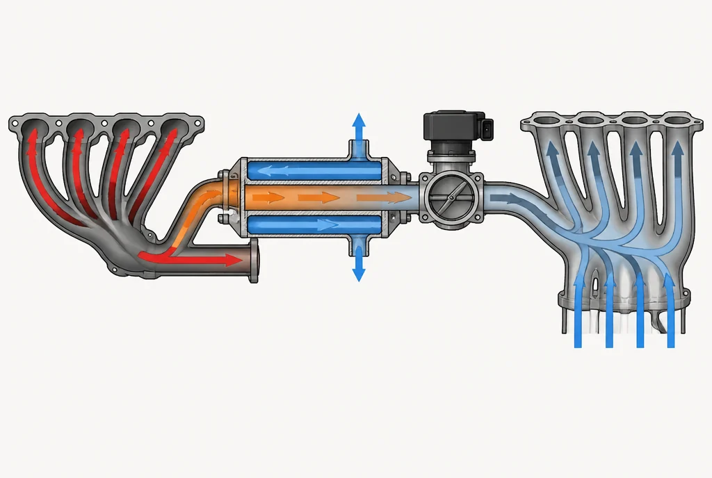 Schematic of a turbo diesel EGR circuit, showing exhaust diverted through a coolant jacketed cooler and an electronic valve into the inlet manifold