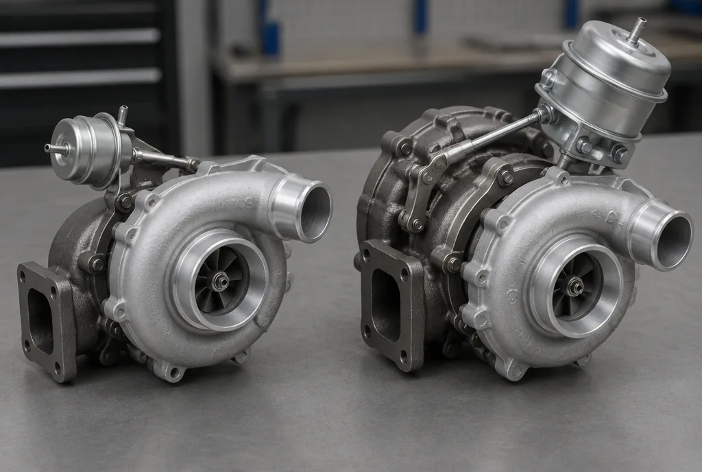 Two diesel turbochargers side by side on a bench, the left one a simple fixed geometry unit with a small wastegate canister and the right one a variable geometry unit with a larger actuator and a linkage running to a ring collar