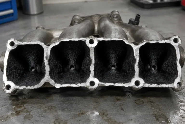 Cut-open four cylinder diesel inlet manifold on a workbench, every intake runner lined with a thick black carbon crust