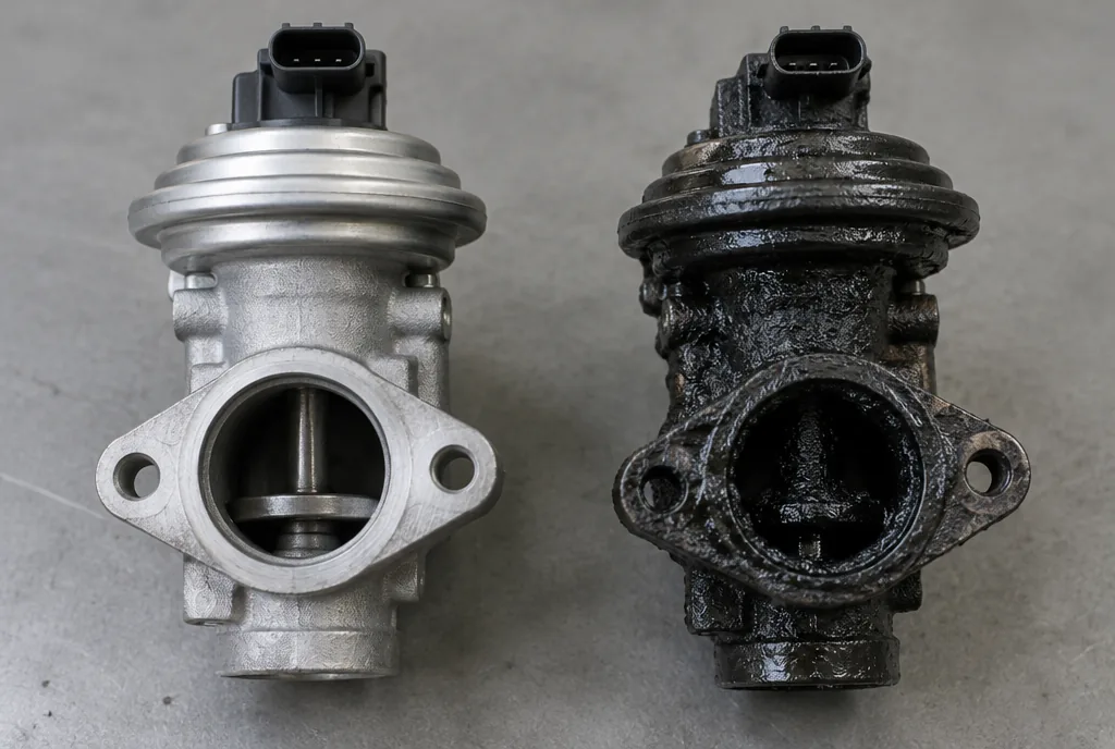 Two diesel EGR valves side by side on a grey bench, the left one clean bare metal and the right one caked in thick black carbon