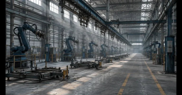 An empty car assembly hall, idle robot arms and stilled overhead conveyors lit by shafts of daylight through high windows