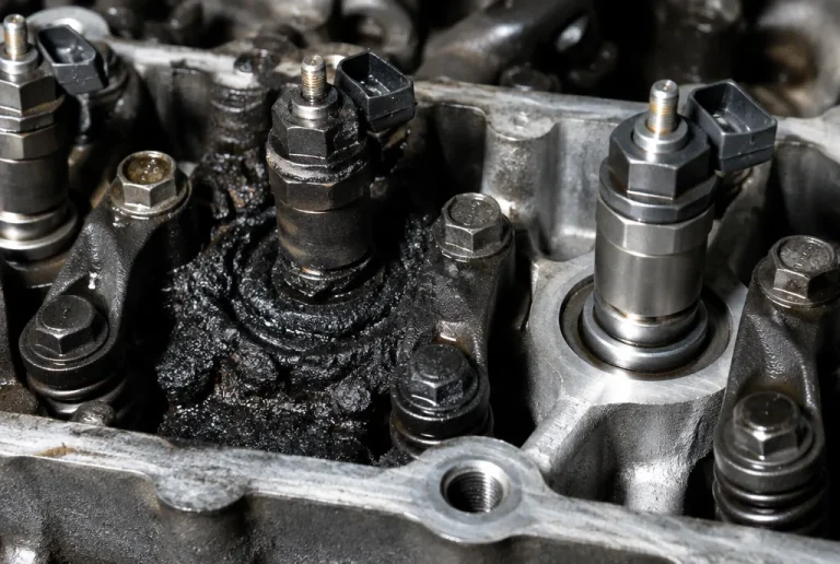 Top of a four cylinder diesel cylinder head with one fuel injector buried in a thick black tarry carbon crust while the next injector along is clean bare metal