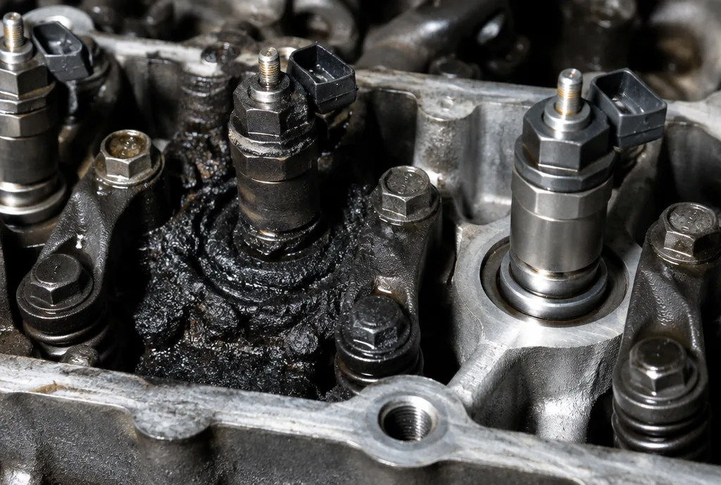 Top of a four cylinder diesel cylinder head with one fuel injector buried in a thick black tarry carbon crust while the next injector along is clean bare metal