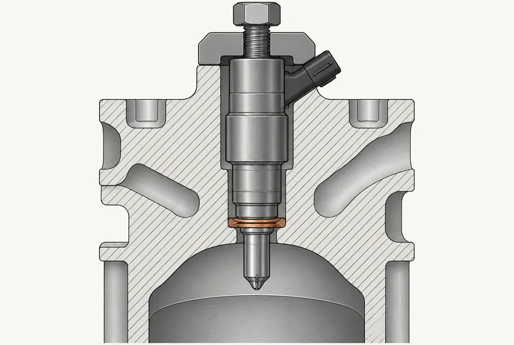 Cross section drawing of a diesel fuel injector seated in a cylinder head, with the copper sealing washer highlighted where it is crushed between the injector nose and its seat