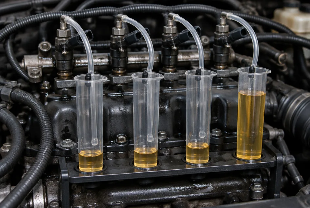 Four clear measuring tubes connected to the return spigots of four diesel injectors, three holding a similar small amount of fuel and the fourth filled far higher