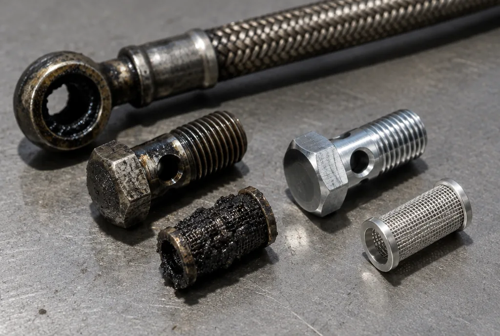 A turbo oil feed banjo bolt and its mesh filter screen clogged solid with baked carbon, lying next to a clean new bolt and bright unused screen