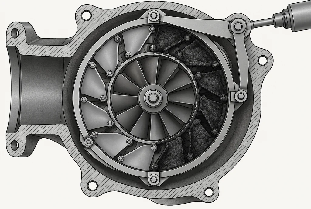 Cutaway drawing of a variable geometry turbine housing showing a ring of pivoting vanes, clean and free on one side and packed solid with black carbon on the other